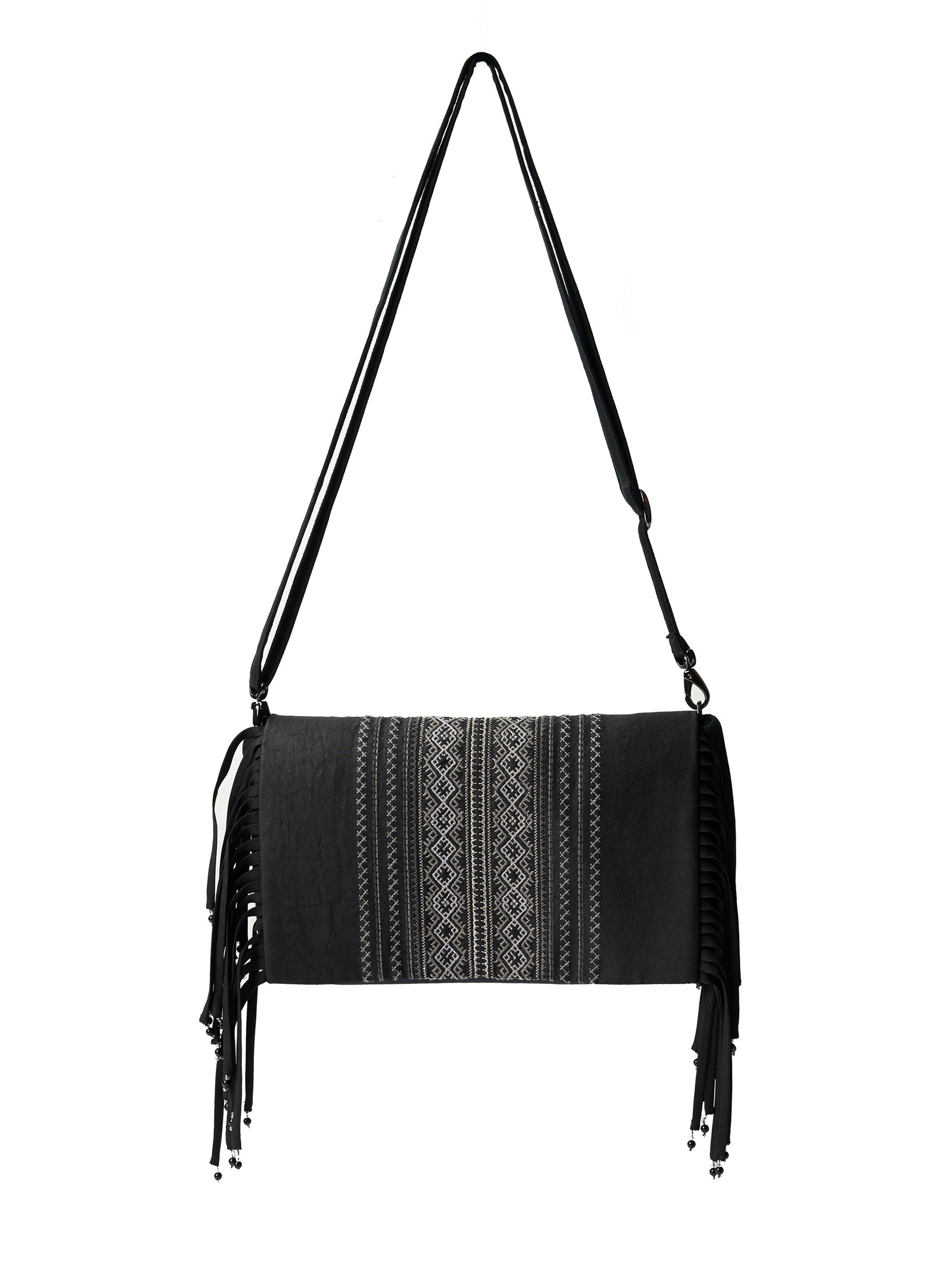 Gambiered canton silk embroidered beaded fringed multi-purpose bag