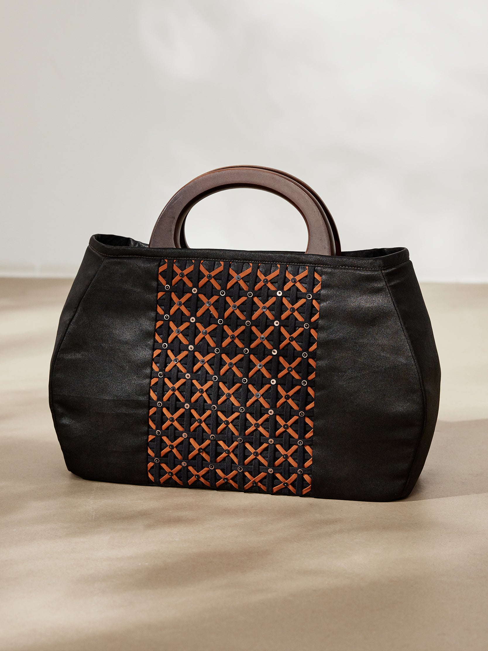 Gambiered canton silk woven beaded wooden-handled tote