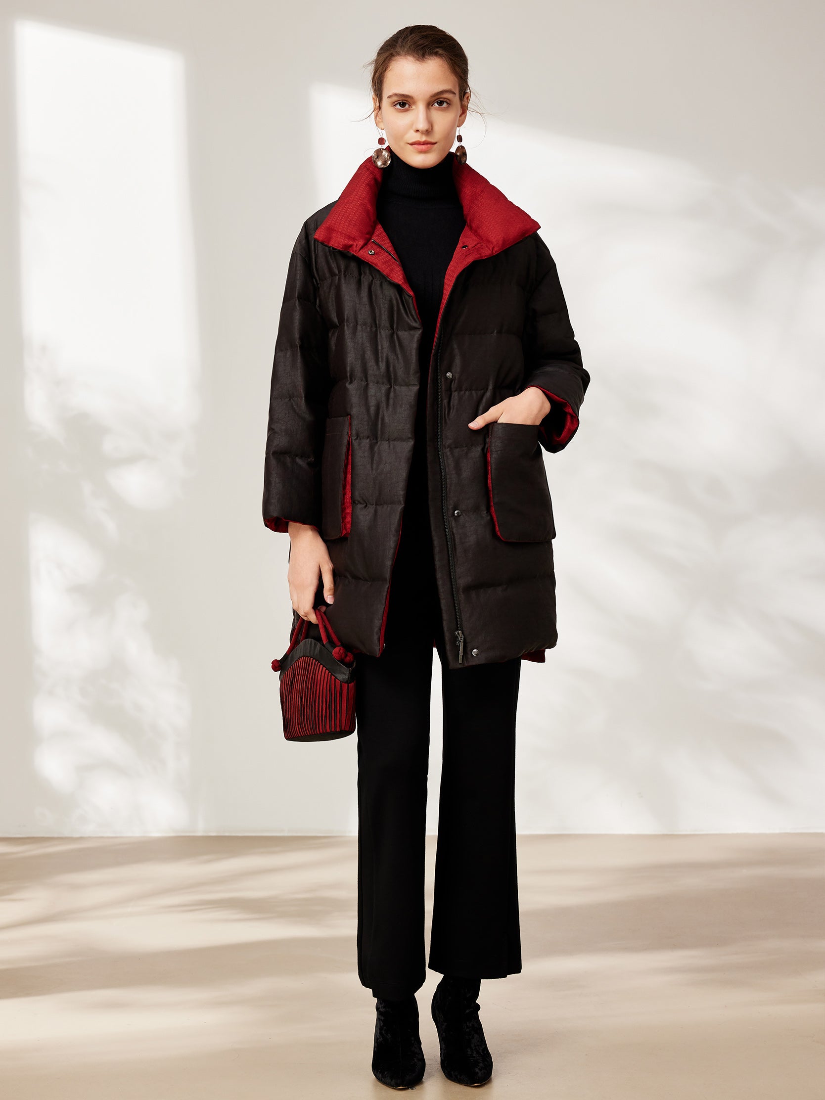 Gambiered canton silk mid-length down coat with patch pockets