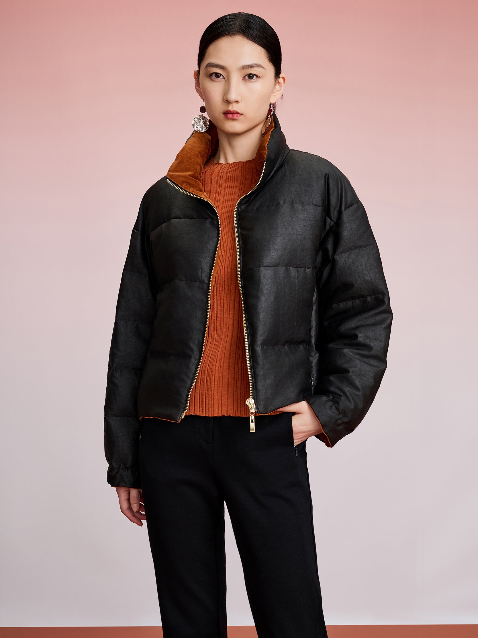 Gambiered canton silk gold zipper short down coat