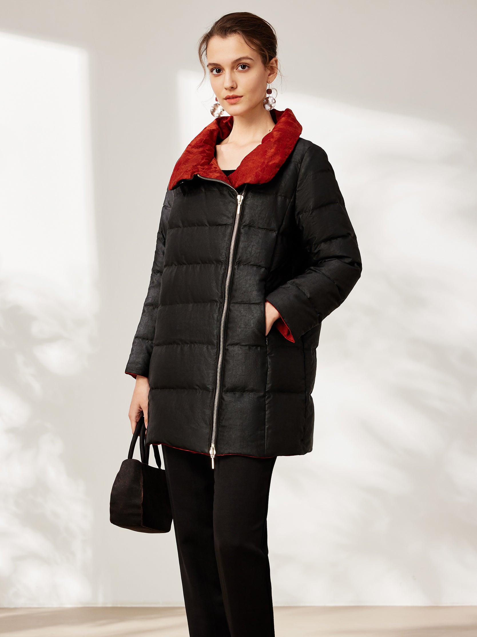 Gambiered canton silk asymmetrical zip-front mid-length down coat