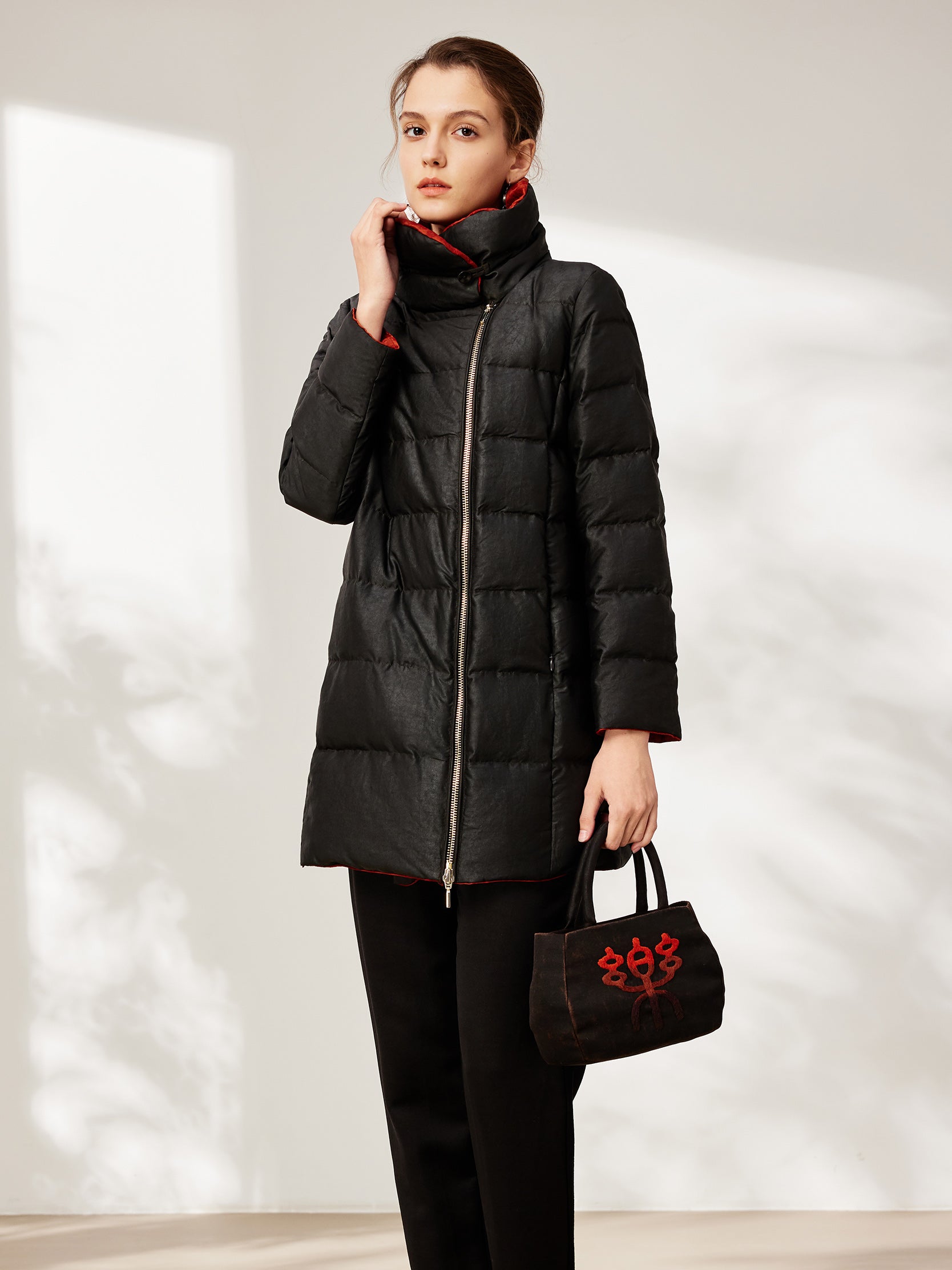 Gambiered canton silk asymmetrical zip-front mid-length down coat