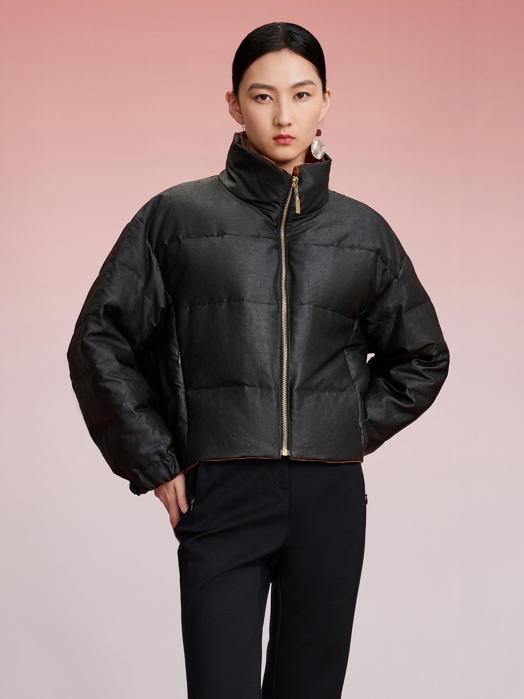 Gambiered canton silk gold zipper short down coat