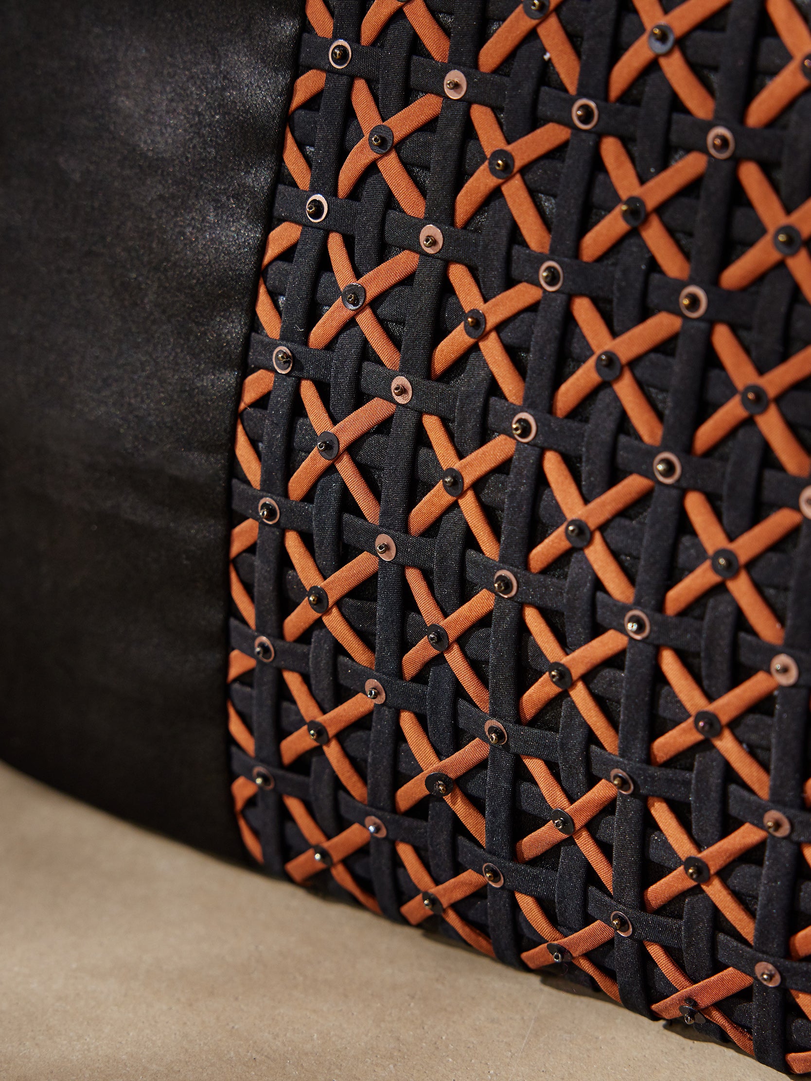 Gambiered canton silk woven beaded wooden-handled tote