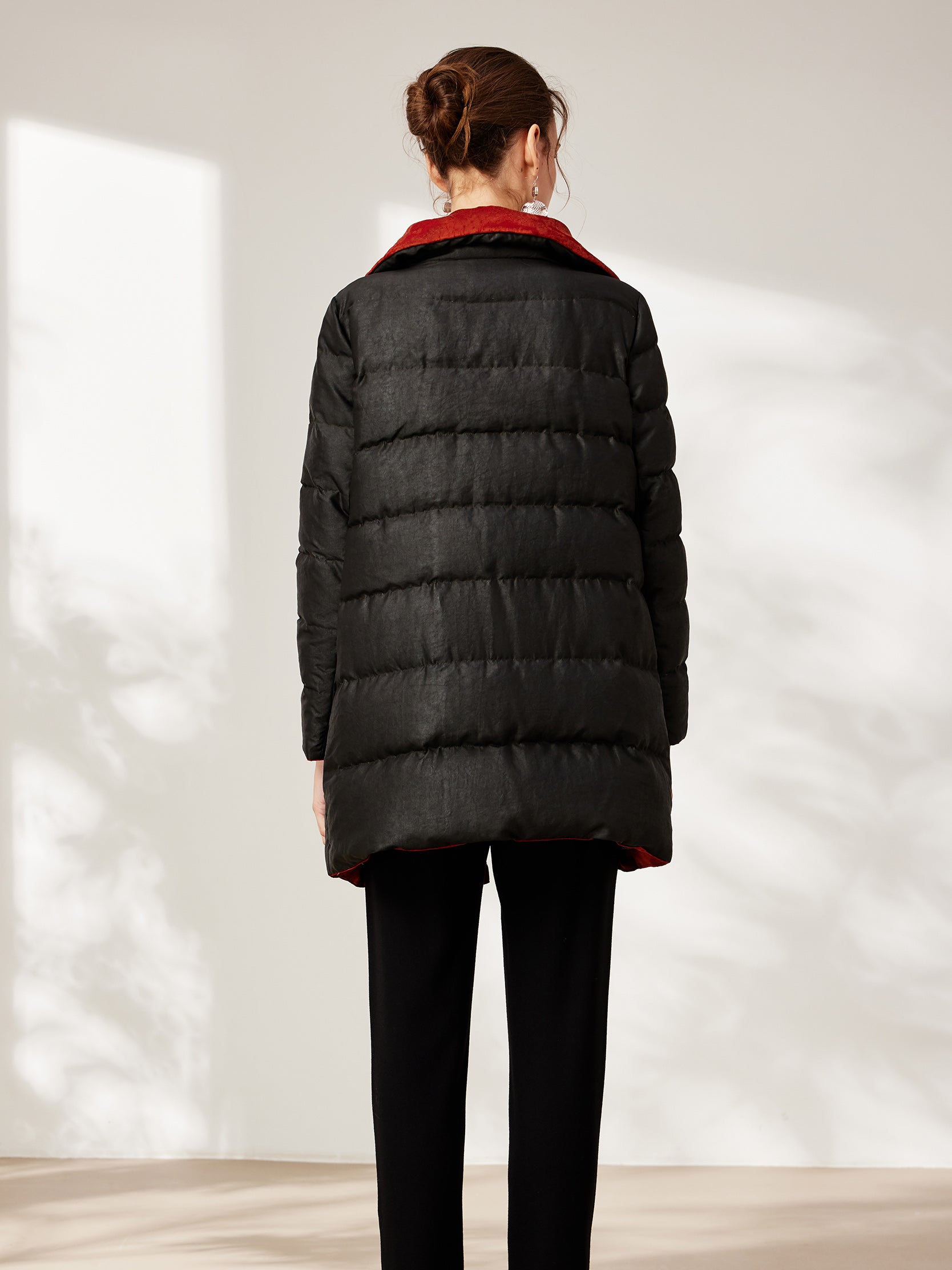 Gambiered canton silk asymmetrical zip-front mid-length down coat