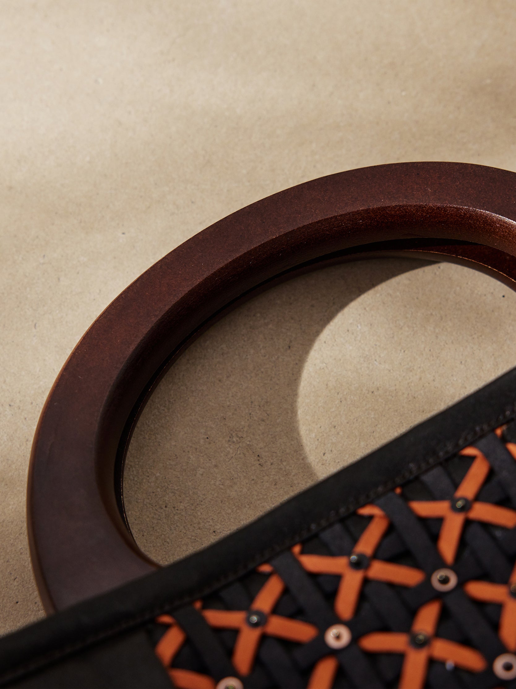 Gambiered canton silk woven beaded wooden-handled tote