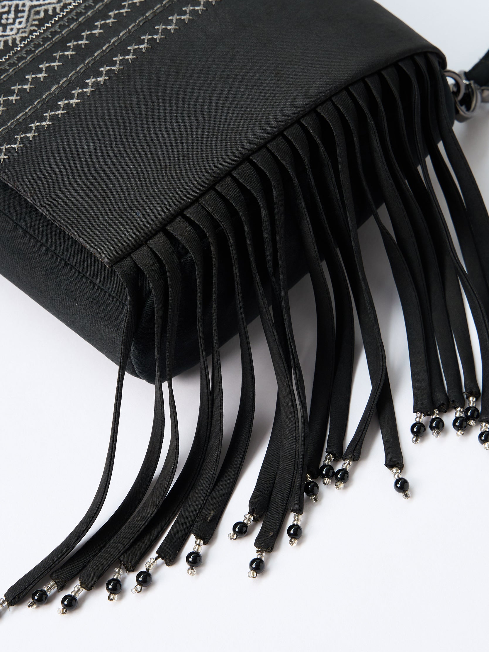 Gambiered canton silk embroidered beaded fringed multi-purpose bag