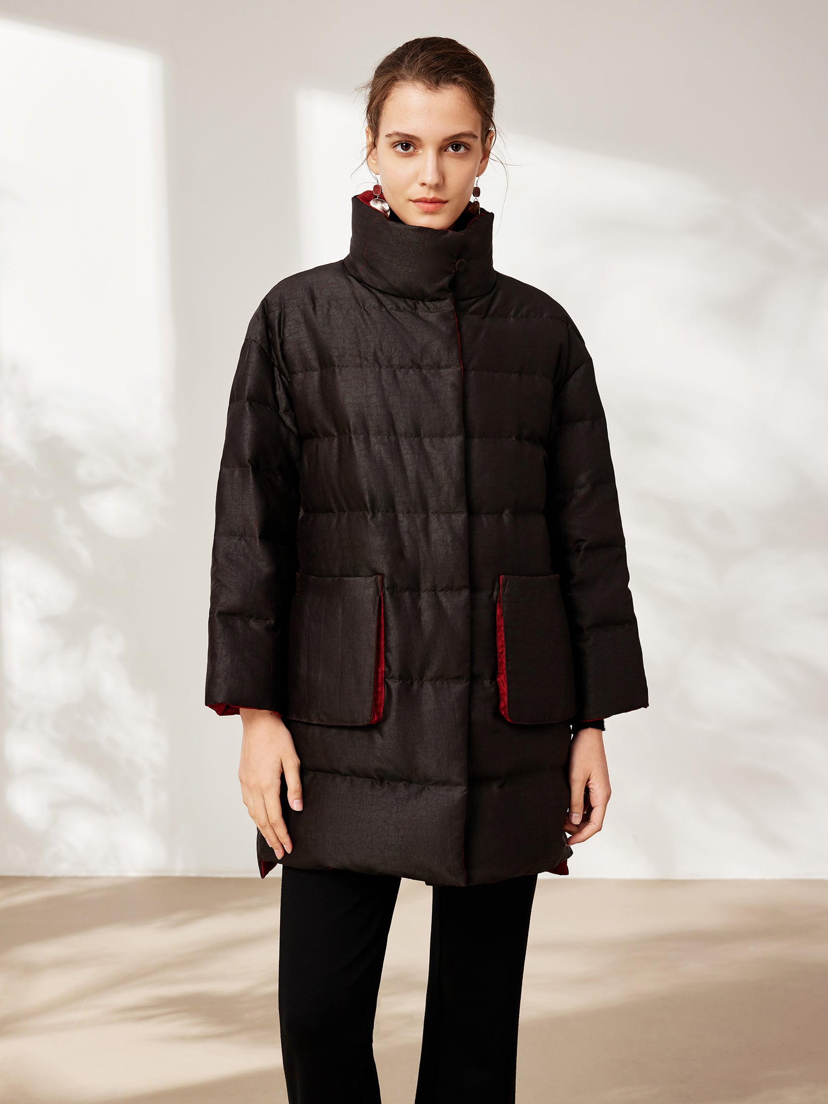 Gambiered canton silk mid-length down coat with patch pockets