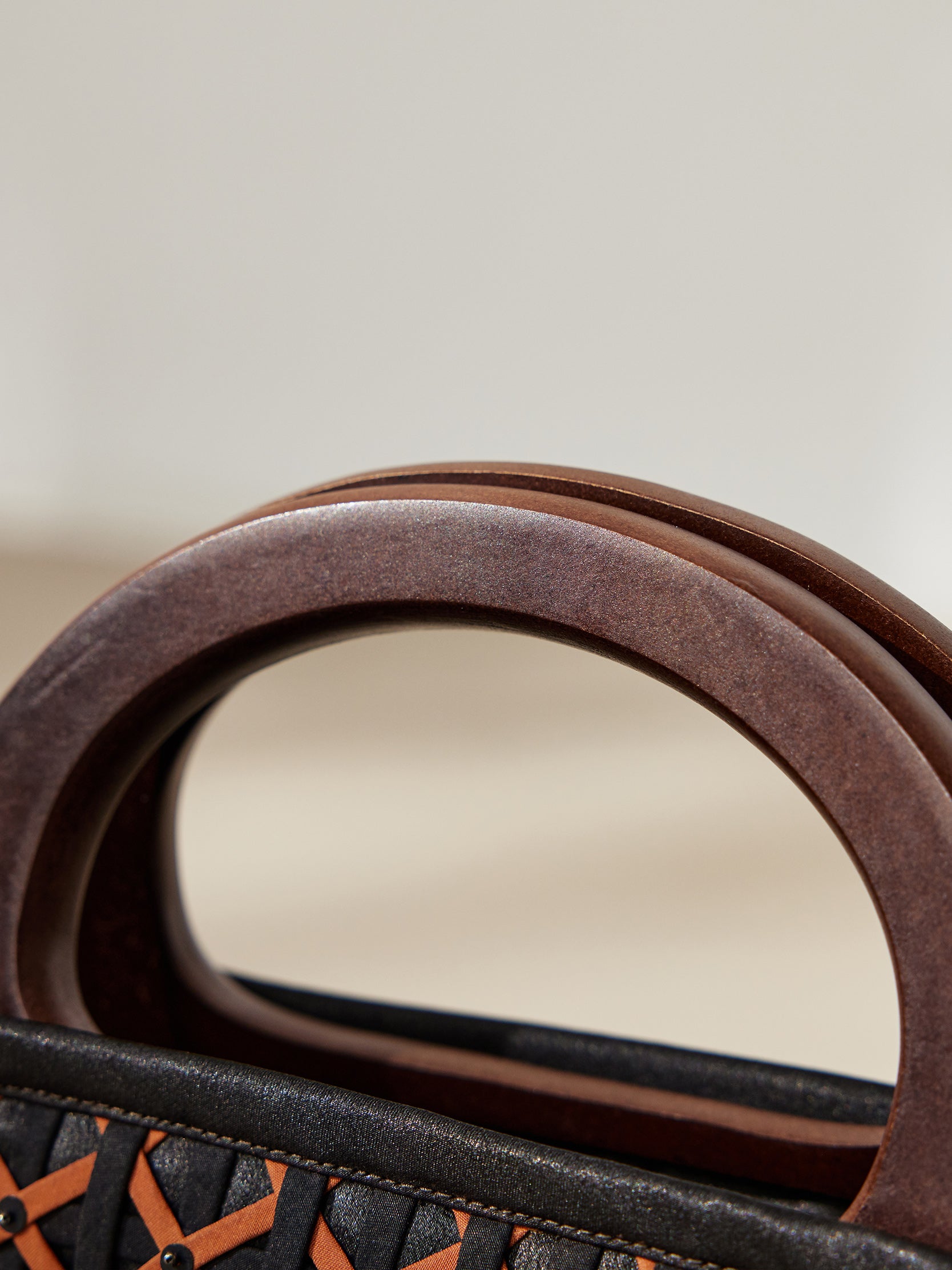 Gambiered canton silk woven beaded wooden-handled tote