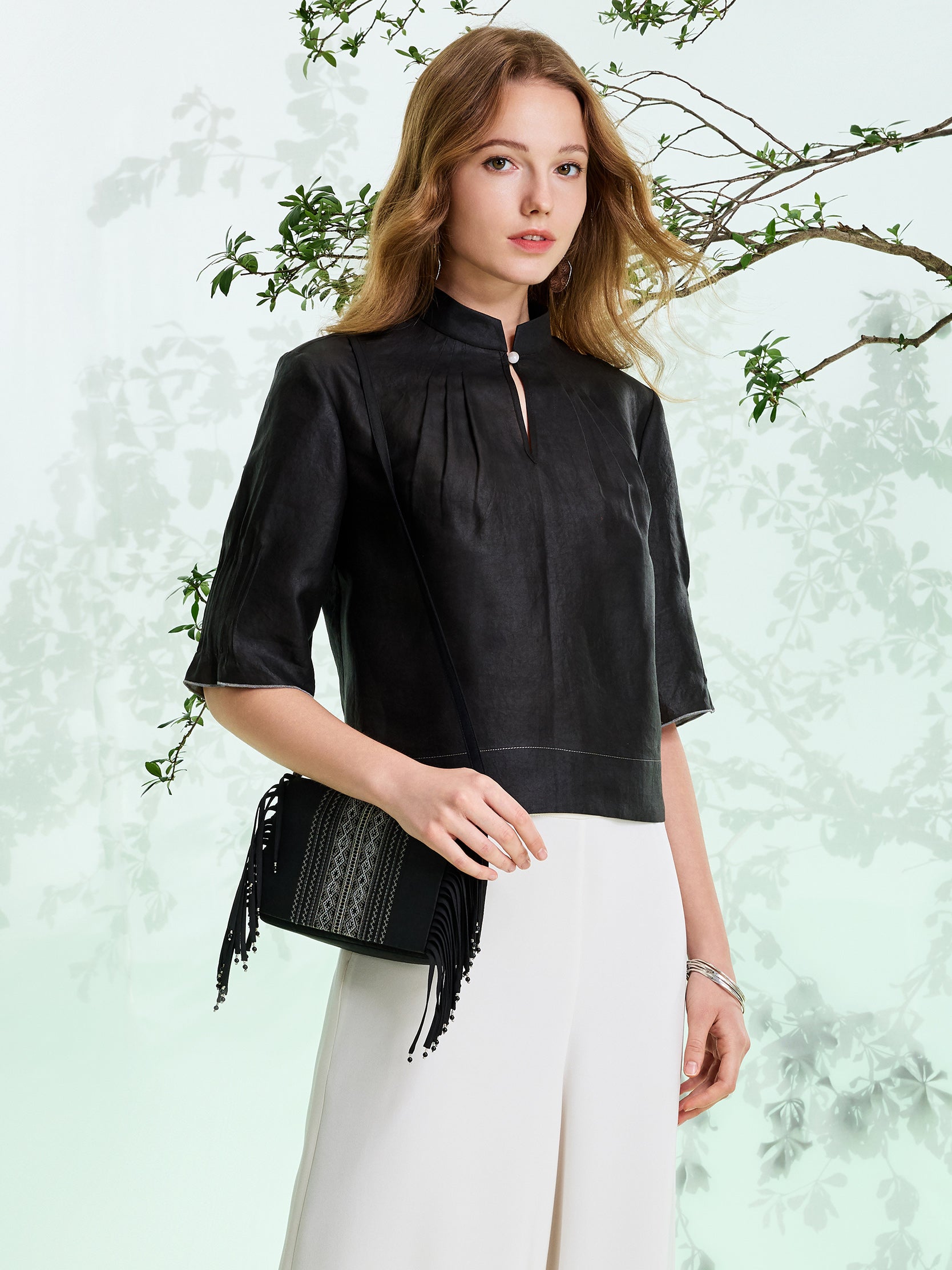 Gambiered canton silk embroidered beaded fringed multi-purpose bag