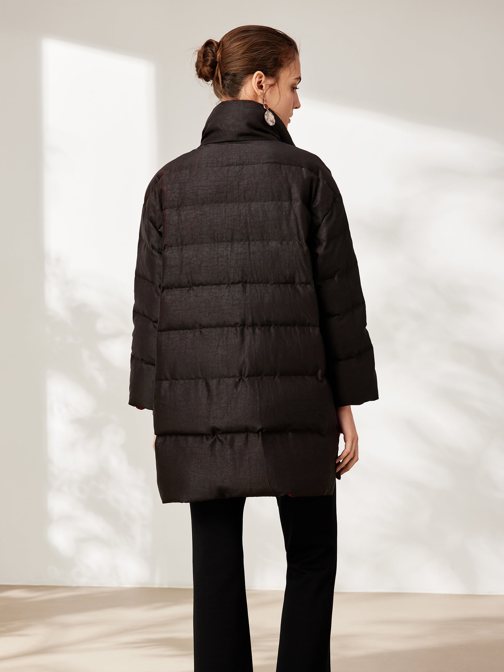 Gambiered canton silk mid-length down coat with patch pockets