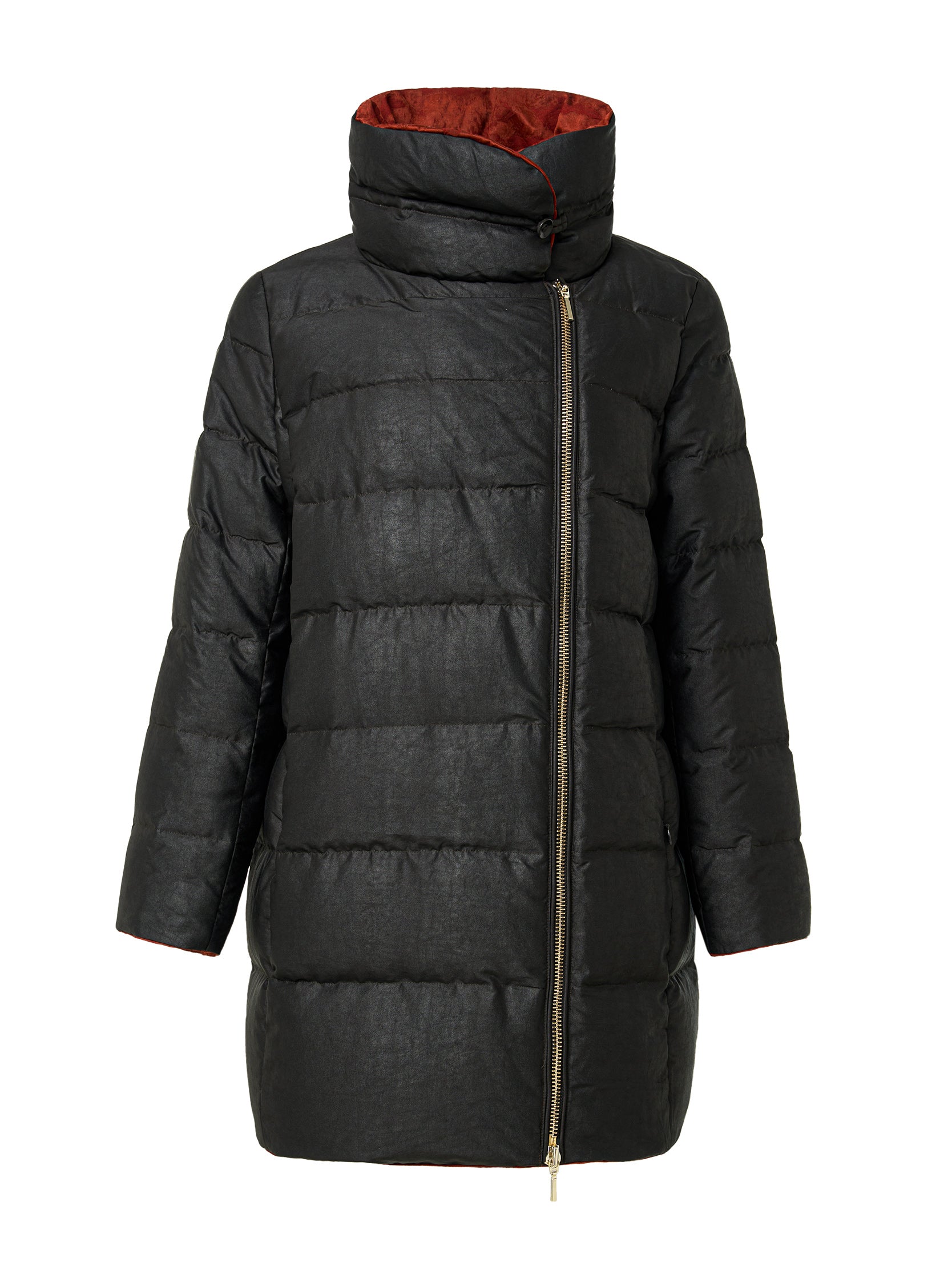 Gambiered canton silk asymmetrical zip-front mid-length down coat