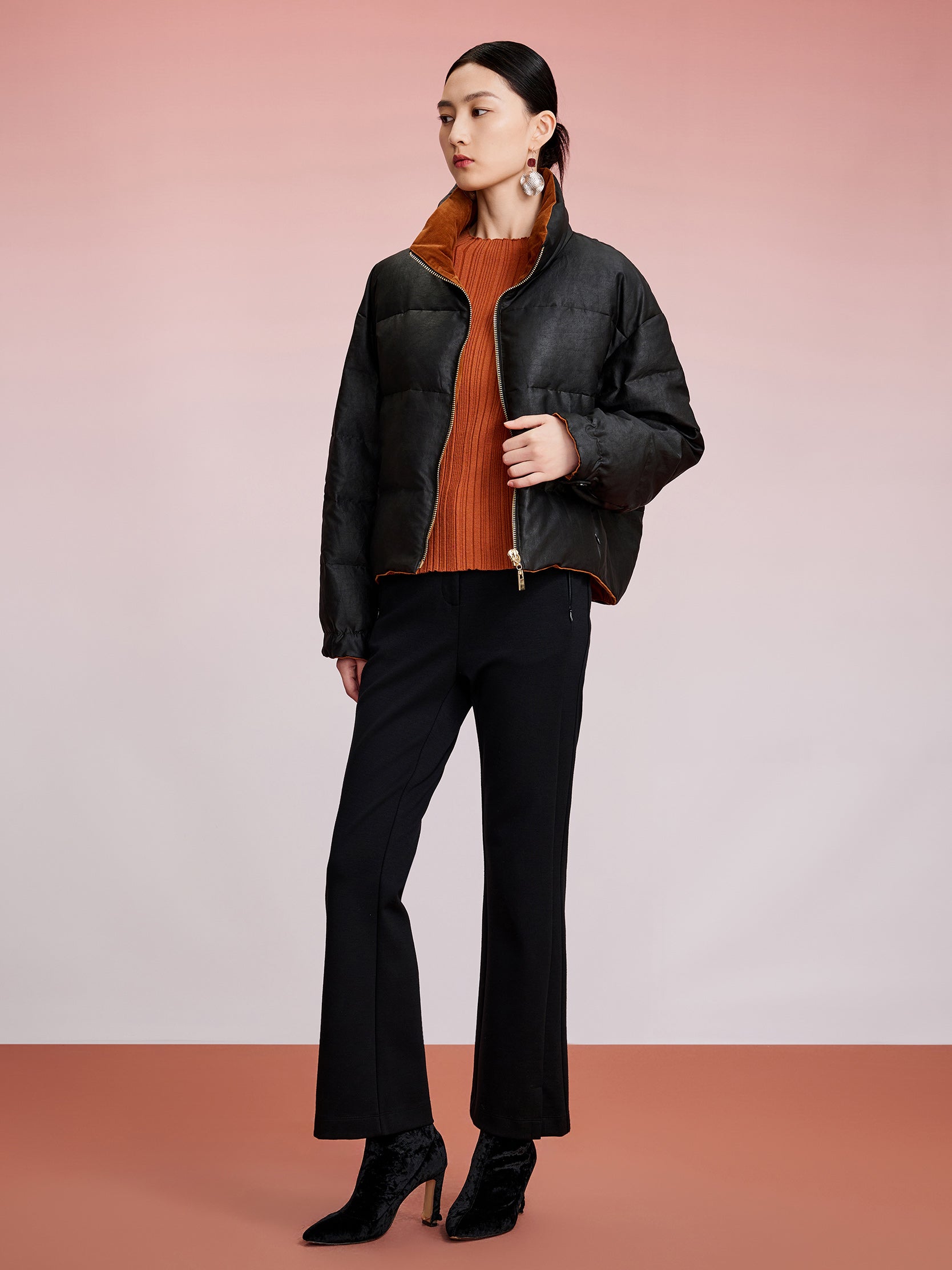 Gambiered canton silk gold zipper short down coat