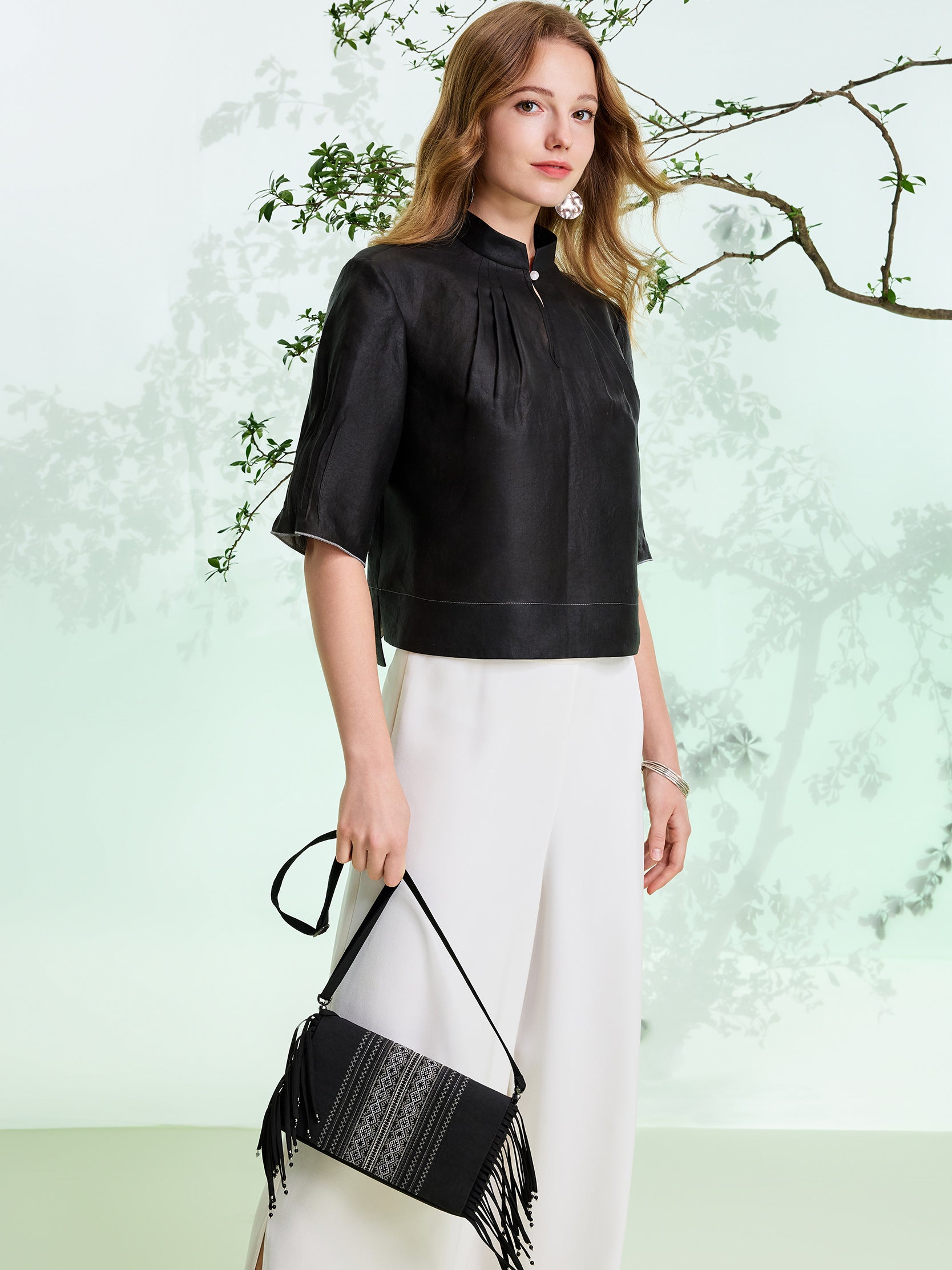 Gambiered canton silk embroidered beaded fringed multi-purpose bag