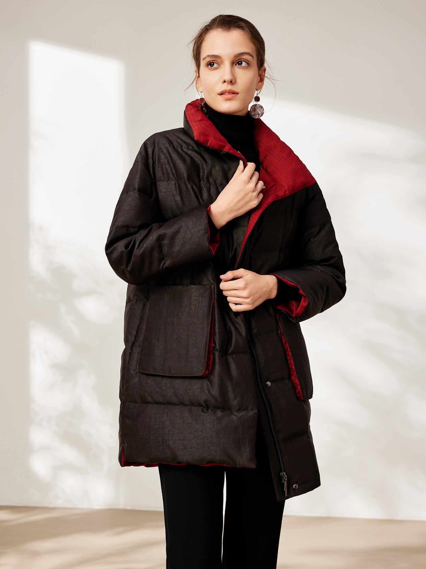 Gambiered canton silk mid-length down coat with patch pockets