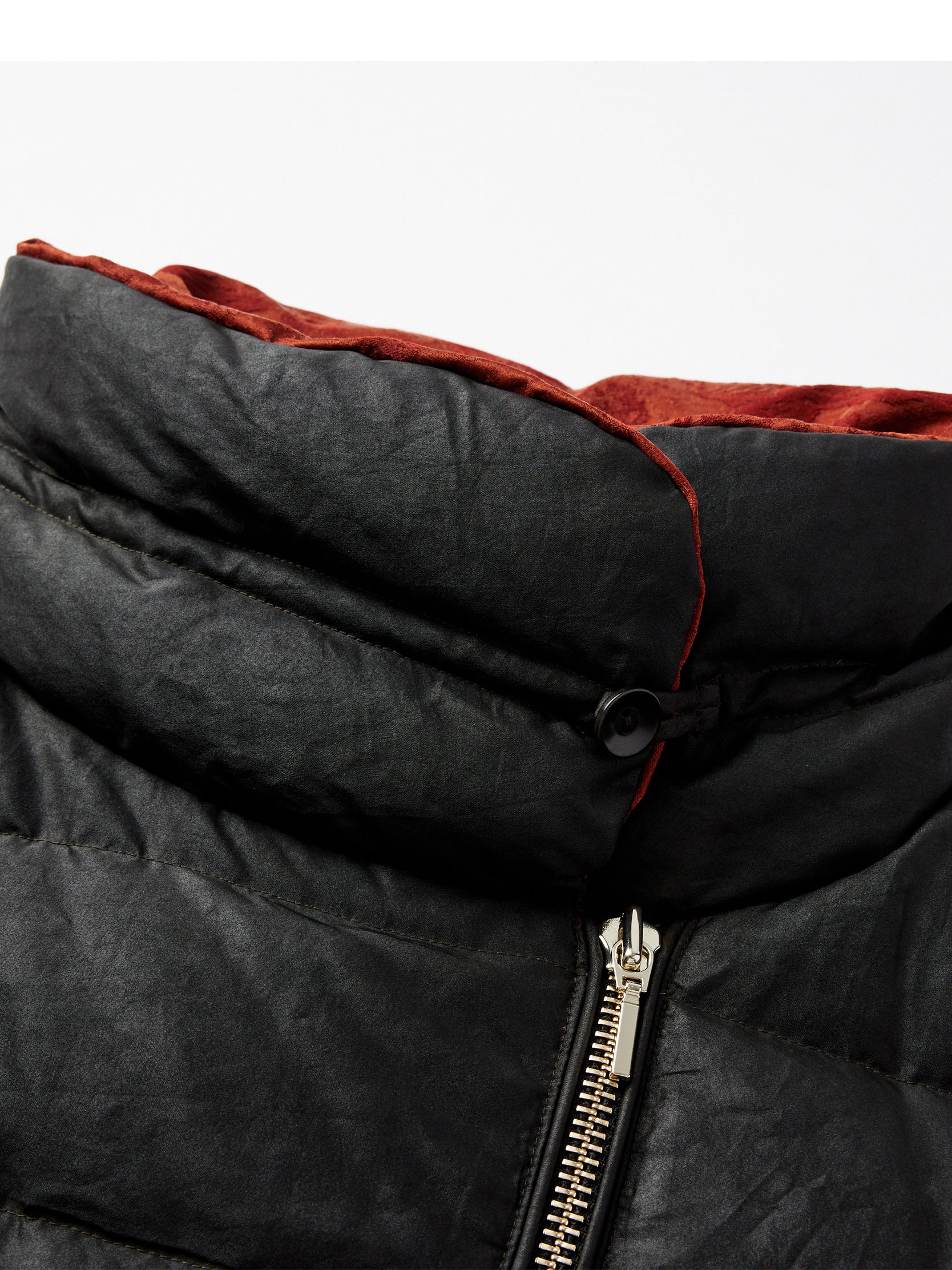 Gambiered canton silk asymmetrical zip-front mid-length down coat