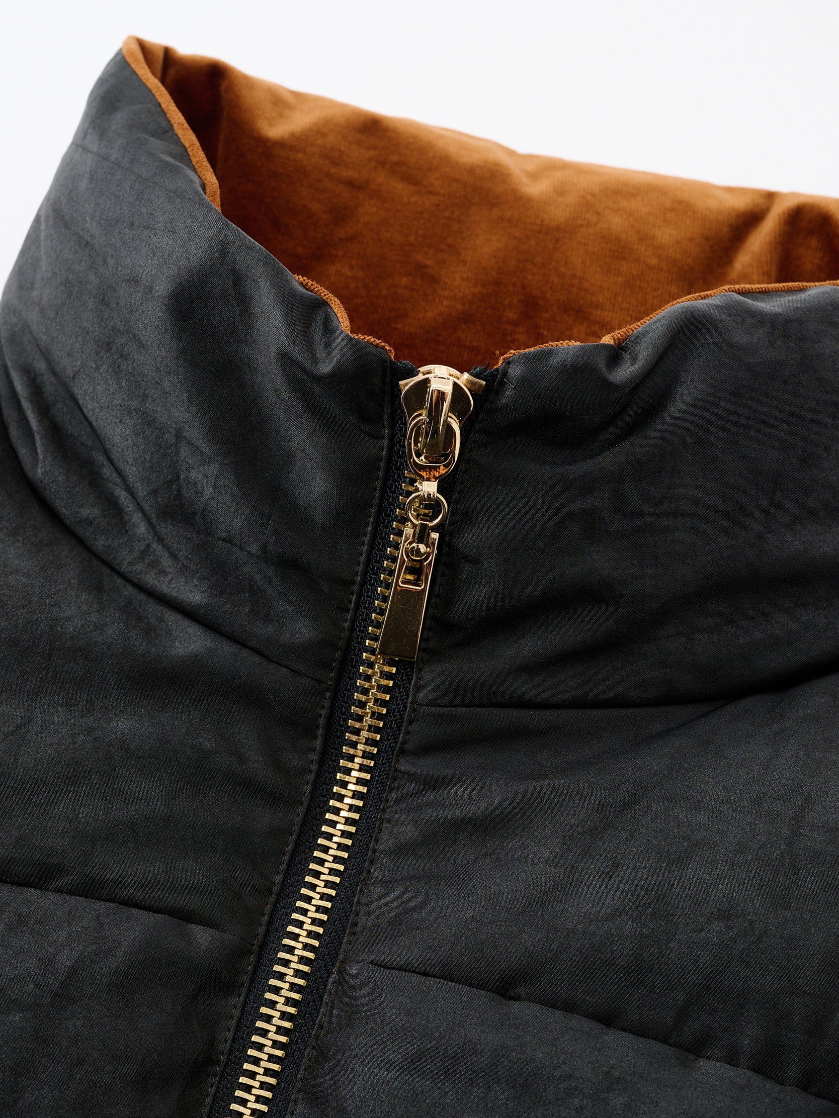 Gambiered canton silk gold zipper short down coat