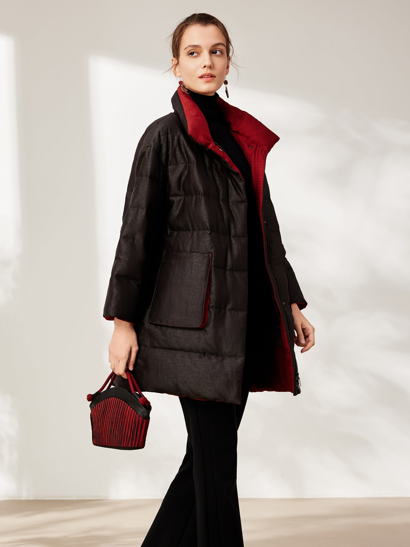 Gambiered canton silk mid-length down coat with patch pockets