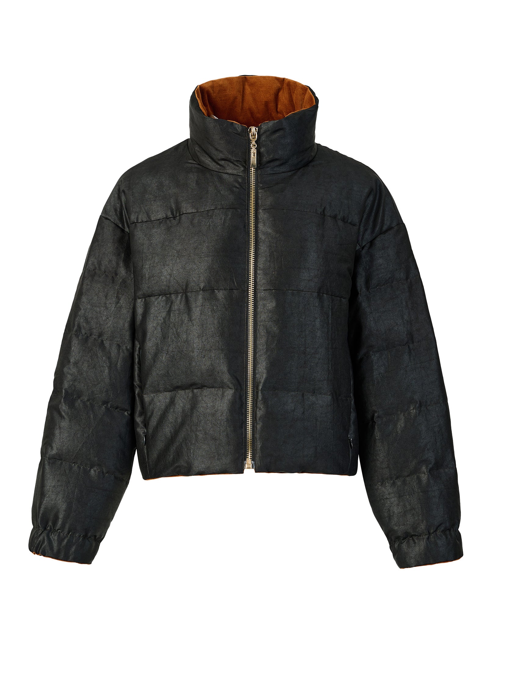 Gambiered canton silk gold zipper short down coat