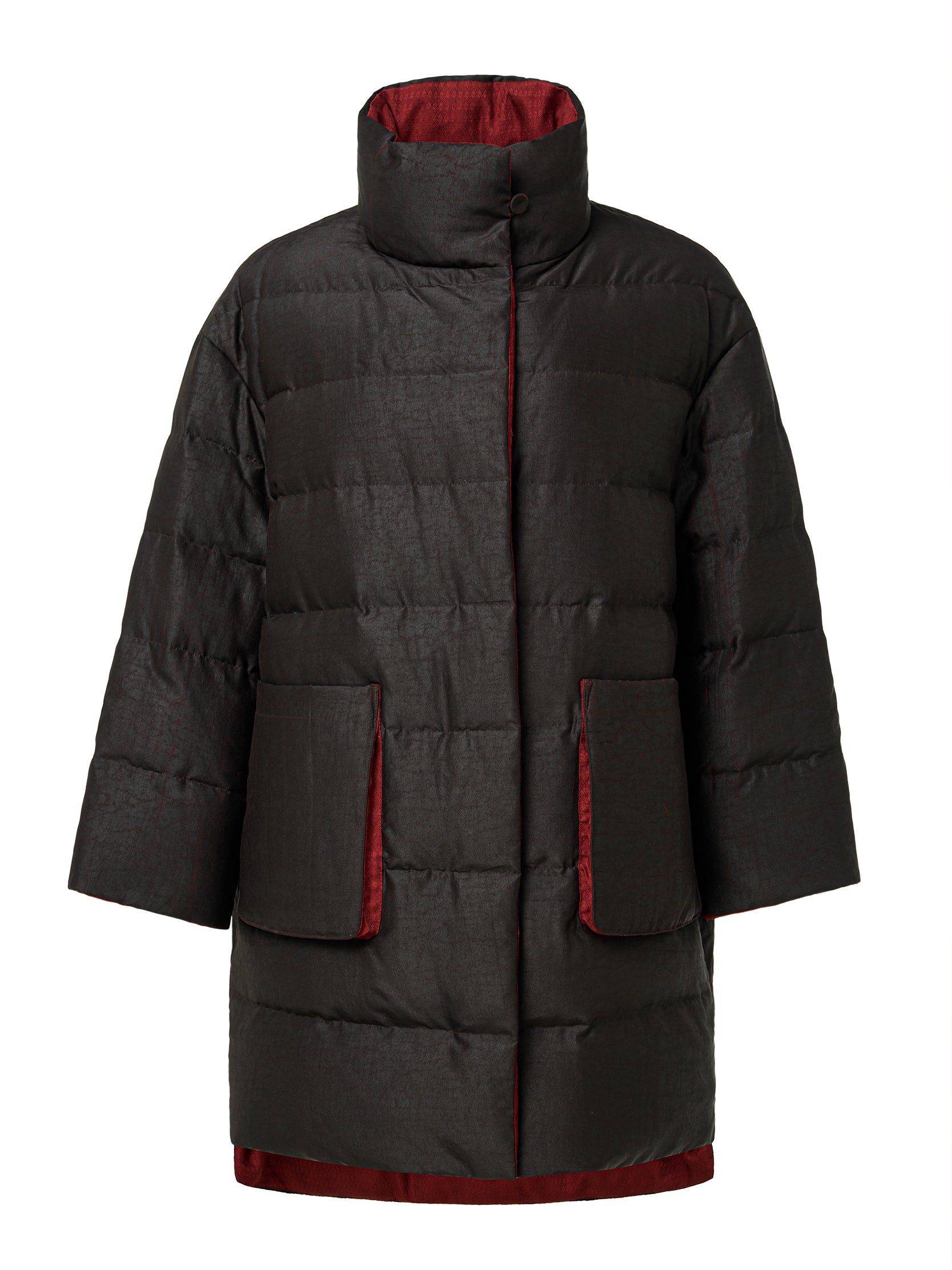 Gambiered canton silk mid-length down coat with patch pockets
